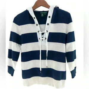 Ralph Lauren Lauren Jean Co Striped Lace-Up Jersey Rugby Hoodie Size Medium